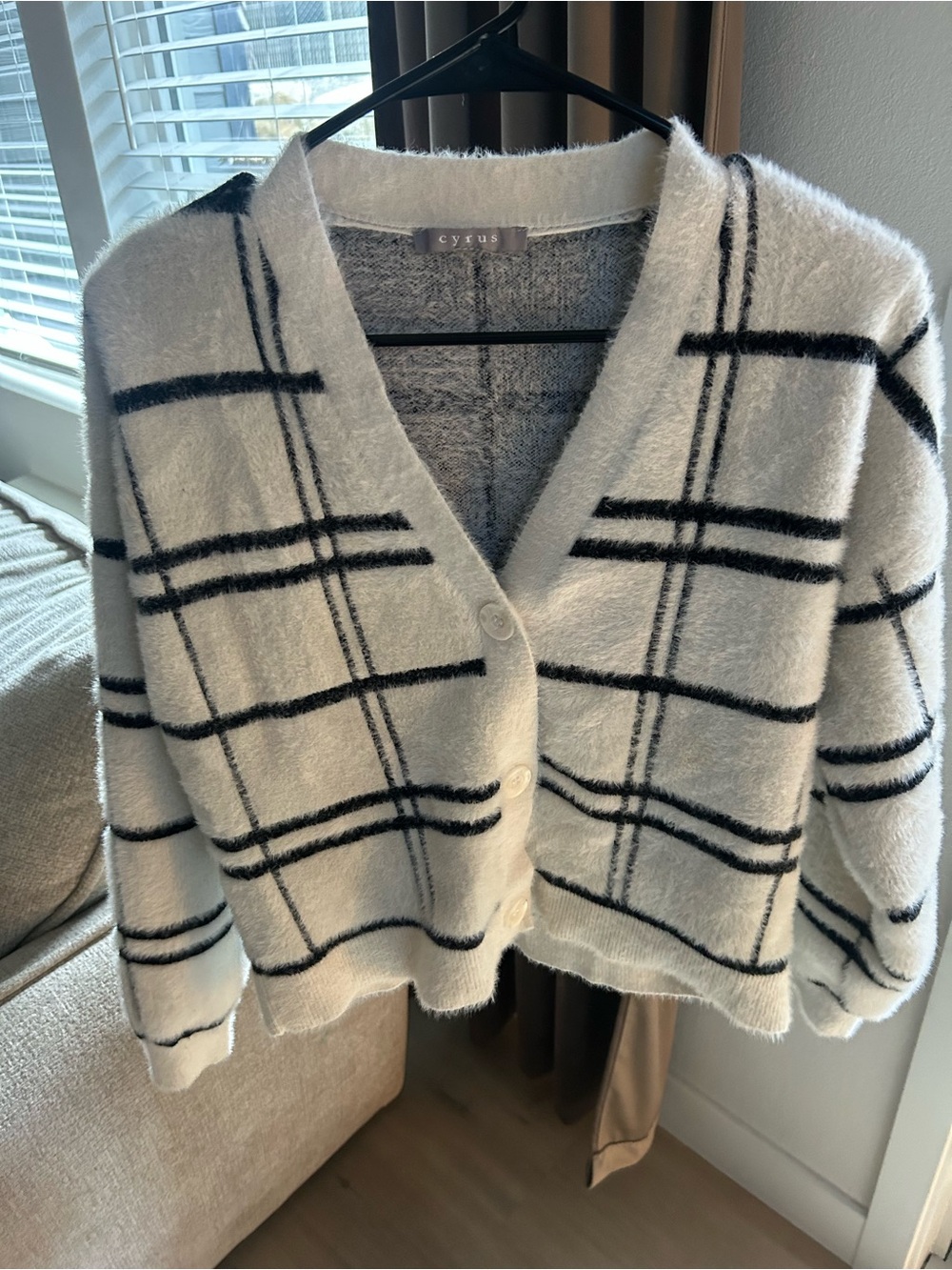 Cyrus Cream & Black Plaid Fuzzy Cardigan